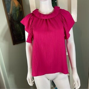 THML Fuchsia Pink Flutter Ruffle Sleeve Collar Crinkle Blouse Top Shirt Small S